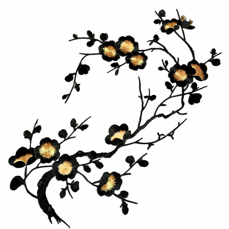 1pcs Big Plum Blossom Iron On Patches Embroidery Flower Appliques 14.1"x7.5" (36x19cm) (Balck/Gloden)